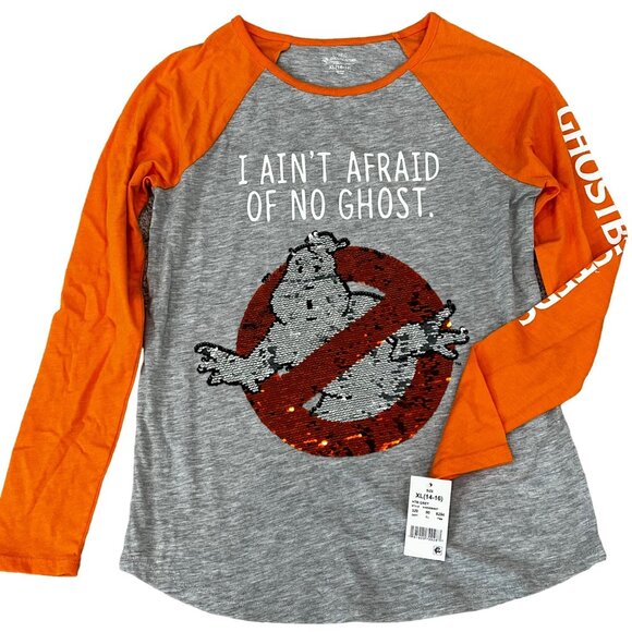 Ghostbusters Hybrid Apparel XL Long Sleeve Raglan Sequin Orange Gray Shirt NWT - Picture 1 of 6